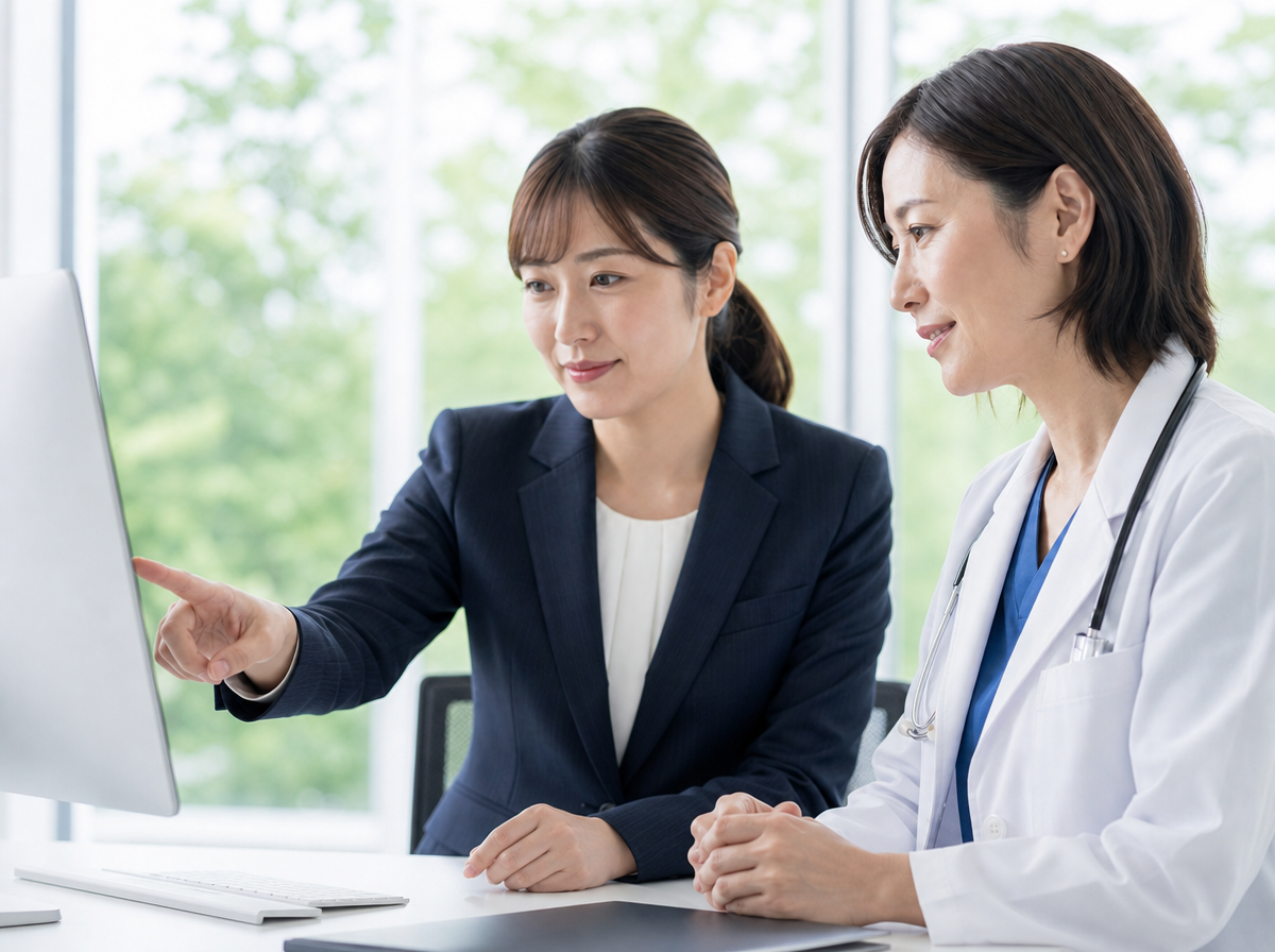 スタッフと医師がモニターを見ながら集患施策を検討する様子